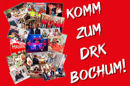 Fotocollage aller Fachbereiche des DRK Bochum mit dem Schriftzug "Komm zum DRK Bochum!"