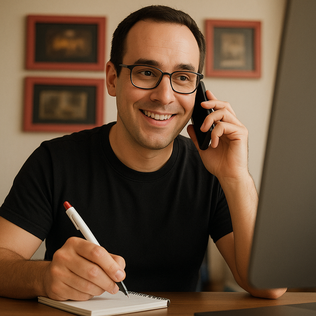 Mann mit Kugelschreiber sitzt telefonierend am Laptop.