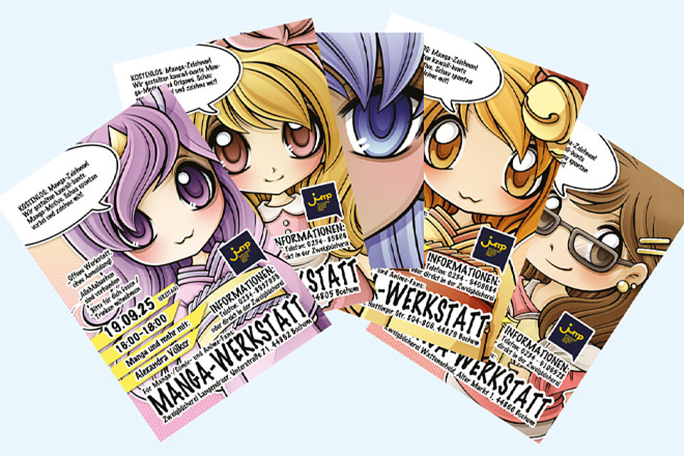 Fünf Plakate mit Mangafiguren, die auf Workshops hinweisen.