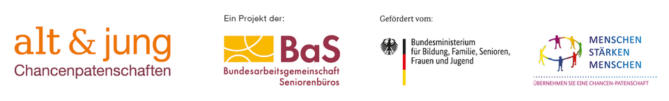 Logos von "Chancenpatenschaften alt & jung", der Bundesarbeitsgemeinschaft Seniorenbüros, des Bundesministeriums für Bildung, Familie, Senioren, Frauen und Jugend und des Projekts "Menschen stärken Menschen".