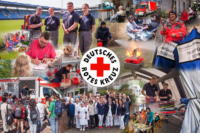 Collage aus vielen Bildern von DRK-Aktivitäten/ DRK-Logo in der Mitte.